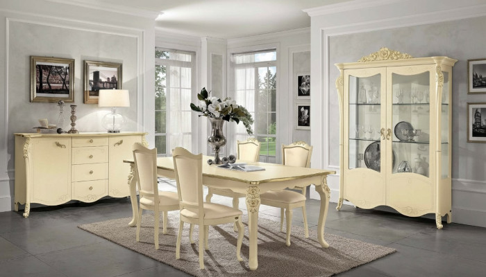 Sala da pranzo beige Tavolo da pranzo 4 sedie Madia Vetrina Gruppo di mobili a 7 pezzi.