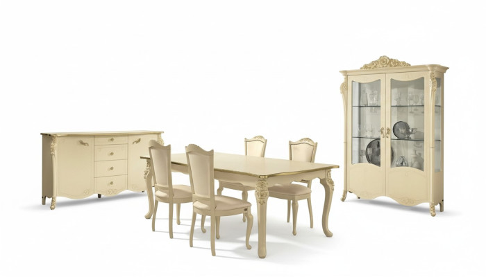 Sala da pranzo beige Tavolo da pranzo 4 sedie Madia Vetrina Gruppo di mobili a 7 pezzi.