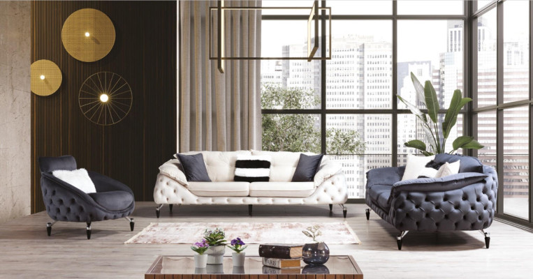 Divano Chesterfield con rivestimento in legno tessuto, set di sedute 331 imbottite.