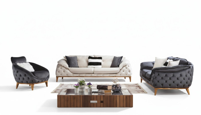 Chesterfield con rivestimento in legno e tessuto, set di divani con 3 posti 331 imbottiti.