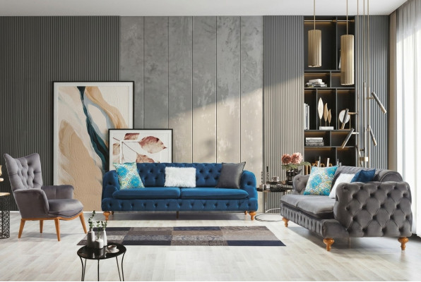 Poltrona monoposto grigia per soggiorno in stile inglese Chesterfield.