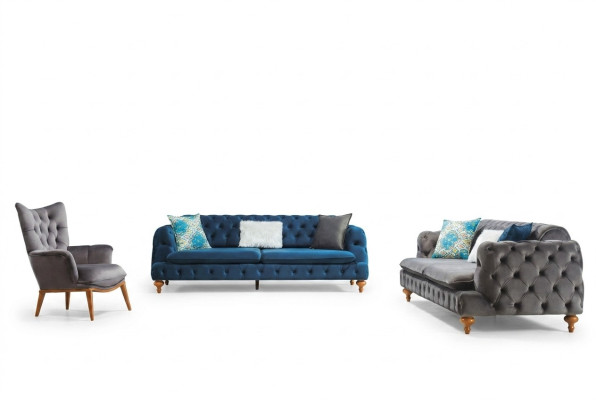 Poltrona monoposto grigia per soggiorno in stile inglese Chesterfield.
