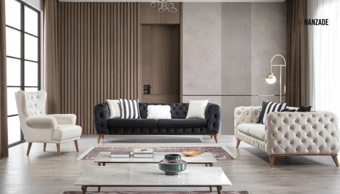 Set divano composto da divano a 3 posti, divano a 3 posti e poltrona nera, poltrona Chesterfield, mobili
