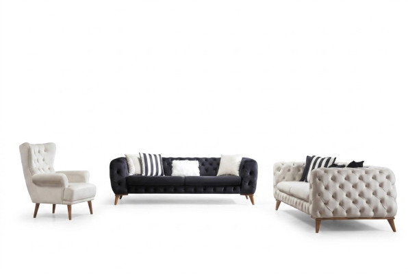 Set divano composto da divano a 3 posti, divano a 3 posti e poltrona nera, poltrona Chesterfield, mobili