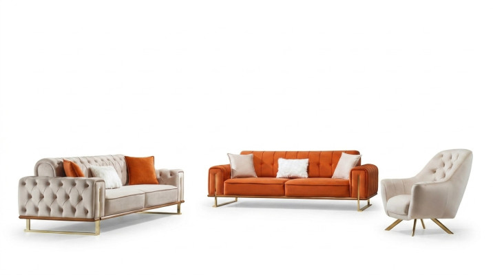 Poltrona monoposto beige Chesterfield di lusso in stile design in tessuto.