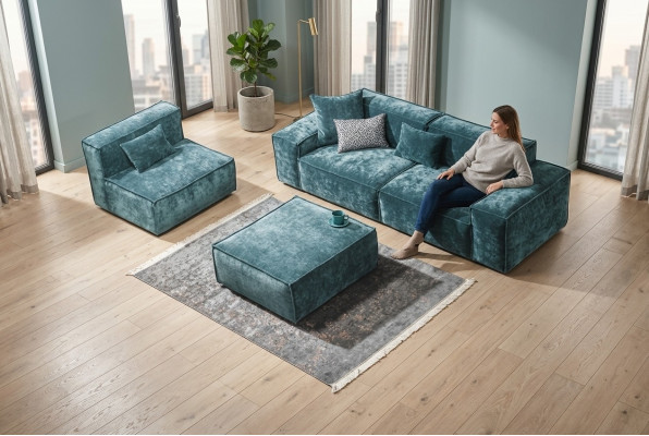 Set di divani Cubo Mobili xxl 3 + 1 posti Blu Soggiorno Poltrona Poggiapiedi