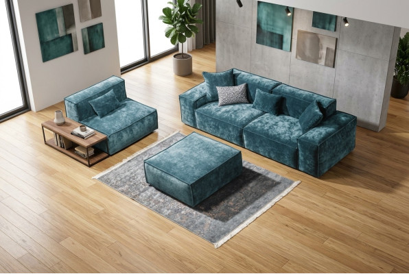 Set di divani Cubo Mobili xxl 3 + 1 posti Blu Soggiorno Poltrona Poggiapiedi