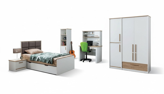Set camera da letto moderna per ragazzi composta da letto, comodino, libreria, scrivania, camera da letto 5 pezzi.