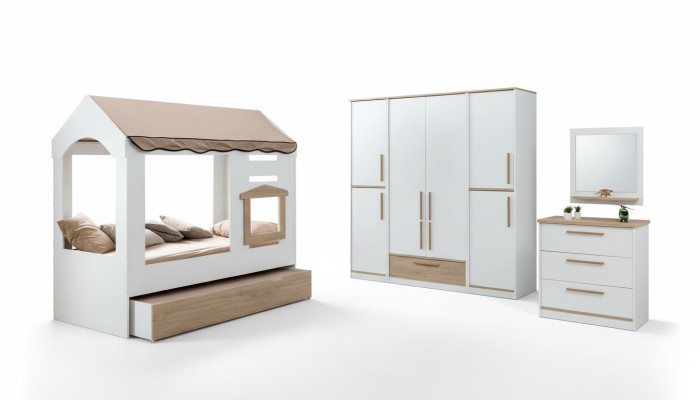 Camera dei bambini Letto Casa Letto a baldacchino Camera da letto Set completo di specchi 4 pezzi.