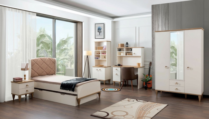 Camera da letto unisex per ragazzi Set letto comodino libreria scrivania 5 pezzi Nuovo