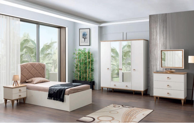 Set camera da letto per bambini Beige Letto comodino Camera da ragazzo Design moderno Nuovo 2 pezzi.
