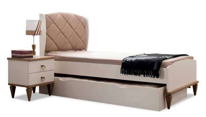 Set camera da letto per bambini Beige Letto comodino Camera da ragazzo Design moderno Nuovo 2 pezzi.