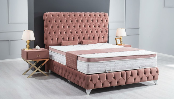 Boxspring letto Chesterfield Rosa Design elegante di lusso con 2 comodini 3 pezzi.