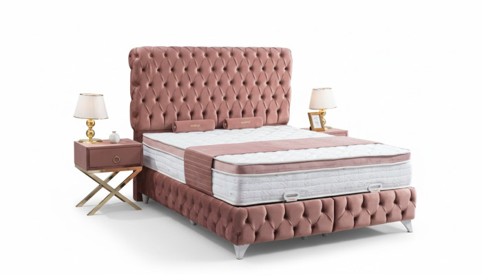 Boxspring letto Chesterfield Rosa Design elegante di lusso con 2 comodini 3 pezzi.