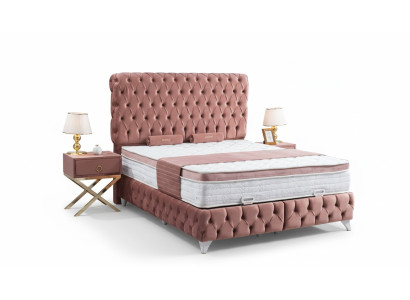 Boxspring letto Chesterfield Rosa Design elegante di lusso con 2 comodini 3 pezzi.