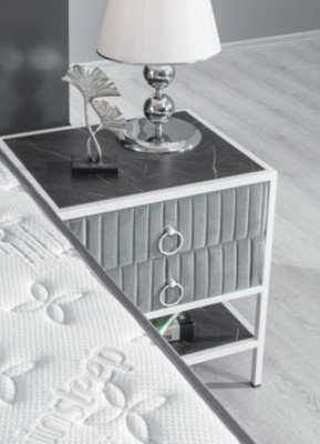 Set camera da letto Grigio Letto a molle metallo Design 2x Comodini Nuovo 3 pezzi.
