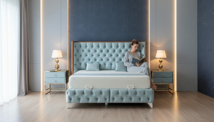 Set camera da letto bianca Letto in metallo Stile Chesterfield di lusso 2 comodini 3 pezzi.