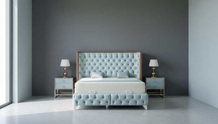 Set camera da letto bianca Letto in metallo Stile Chesterfield di lusso 2 comodini 3 pezzi.