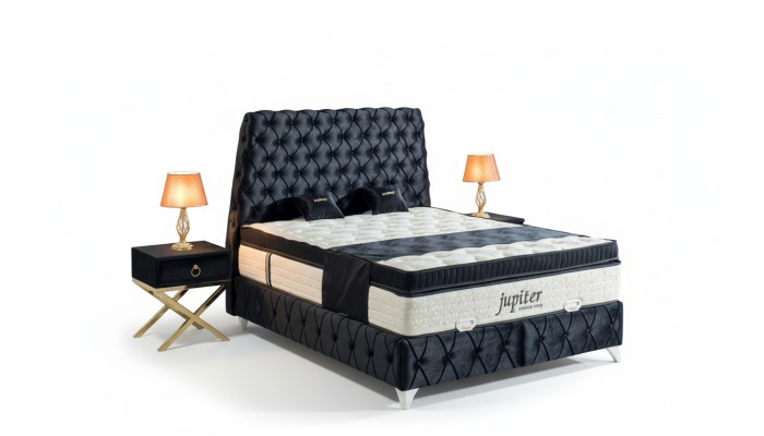 Set da camera da letto nero con letto, comodino Chesterfield, arredamento letto in velluto, 3 pezzi.