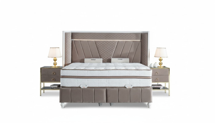 Set da camera da letto di lusso Beige Letto 2x Comodino Mobili Letto a 3 pezzi con letto Led.