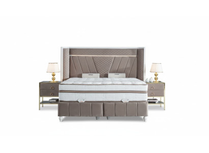 Set da camera da letto di lusso Beige Letto 2x Comodino Mobili Letto a 3 pezzi con letto Led.