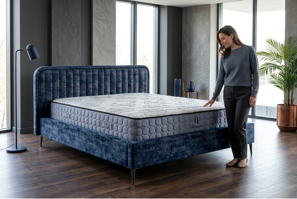 Letto Blu Letto Matrimoniale Camera da Letto Legno Mobili Design Elegante Tessuto Imbottito Nuovo