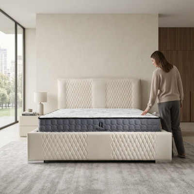 Letto beige Letto matrimoniale moderno di lusso Letto imbottito in tessuto Camera da letto moderna Nuovo