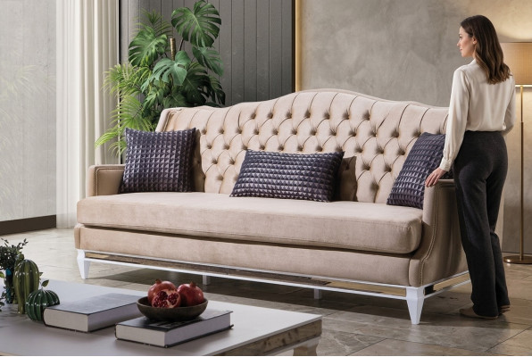 Chesterfield beige tre posti in lusso tessile divano in stoffa design.