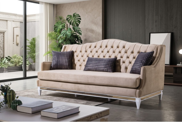 Chesterfield beige tre posti in lusso tessile divano in stoffa design.
