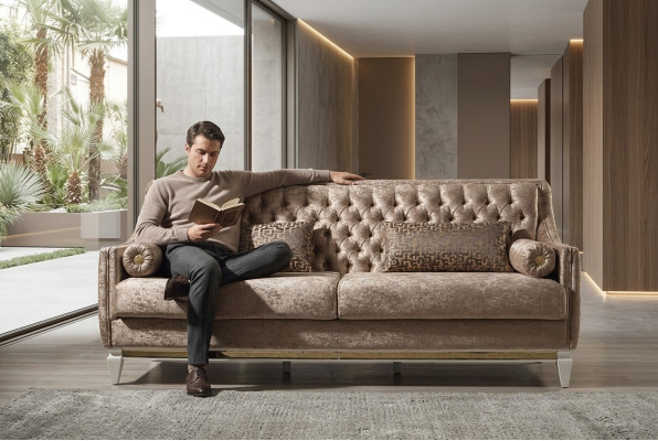 Beige divano a 3 posti in tessuto Chesterfield con imbottitura, divano a 3 posti.