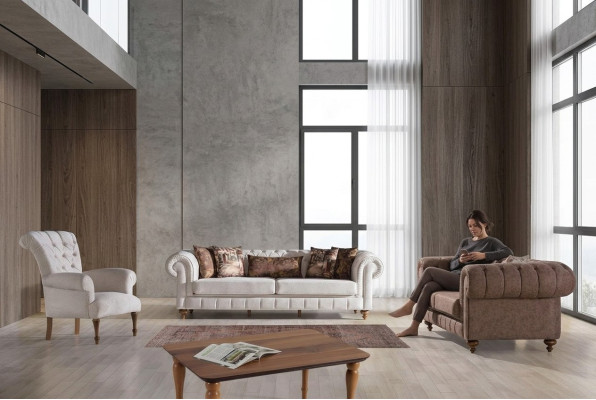 Sofà Chesterfield bianco-marrone set da soggiorno design lussuoso con divani 3+2+1