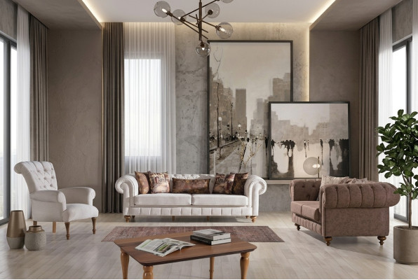 Sofà Chesterfield bianco-marrone set da soggiorno design lussuoso con divani 3+2+1