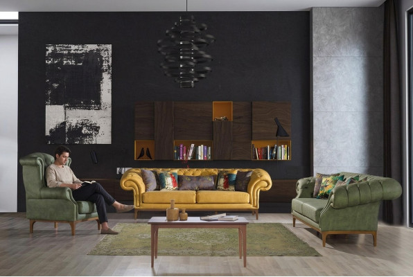 Verde-Giallo divano imbottito Designer a tre posti Set di lussuose poltrone 3+3+1.
