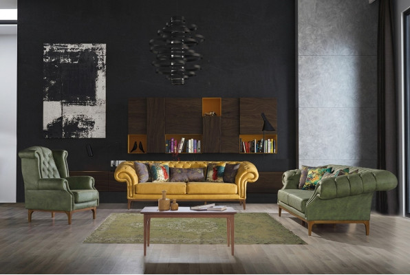 Verde-Giallo divano imbottito Designer a tre posti Set di lussuose poltrone 3+3+1.