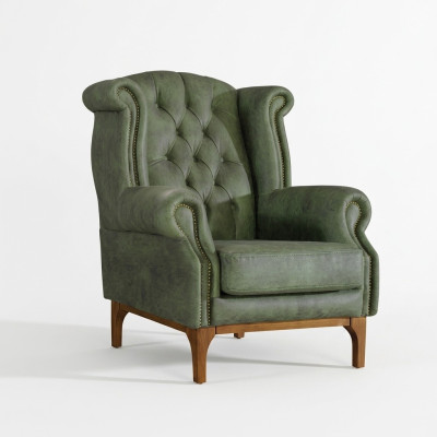 Grüner Chesterfield Luxury Armchair, Designer Armchair in Italian is Sedia Chesterfield di lusso verde, poltrona da designer con braccioli.