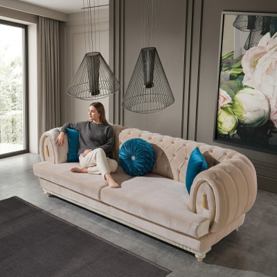 Beige Chesterfield divano imbottito Designer tre posti in tessuto divano.