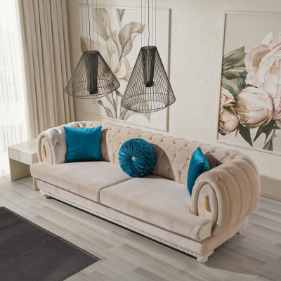 Beige Chesterfield divano imbottito Designer tre posti in tessuto divano.