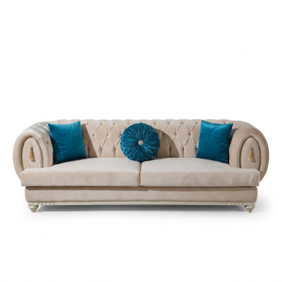 Beige Chesterfield divano imbottito Designer tre posti in tessuto divano.