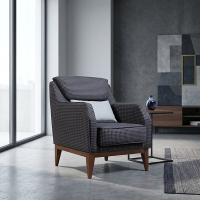 Grigia poltrona imbottita a un posto con braccioli, poltrona da salotto, sedia di design.