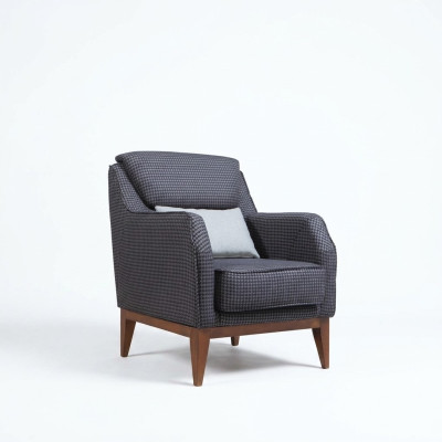 Grigia poltrona imbottita a un posto con braccioli, poltrona da salotto, sedia di design.