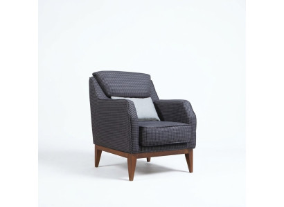 Grigia poltrona imbottita a un posto con braccioli, poltrona da salotto, sedia di design.