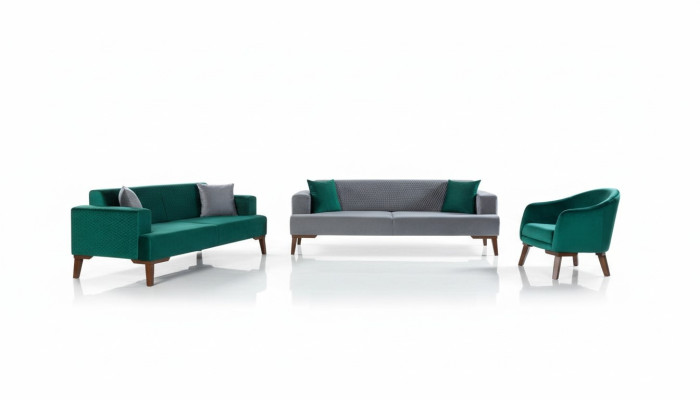 Sofà composto da 3+3+1 posti in design grigio turchese verde.