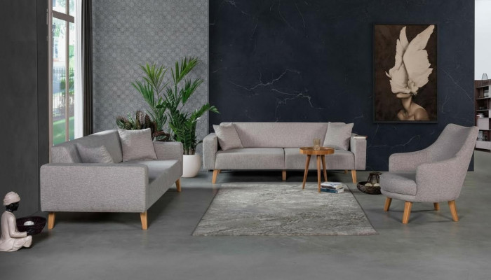 Divano Divano Imbottito Seduta 3+3+1 Set di Sedute Design Legno Divani Beige Cuscini Seduta.