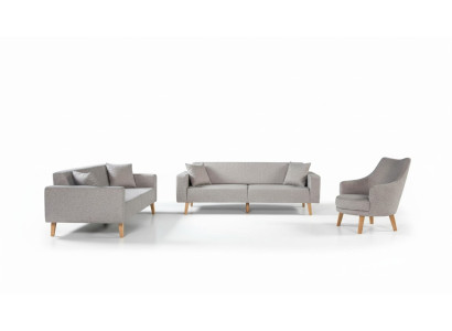 Divano Divano Imbottito Seduta 3+3+1 Set di Sedute Design Legno Divani Beige Cuscini Seduta.