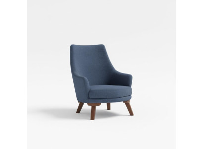 Lussuosa poltrona monoposto imbottita in tessuto blu.