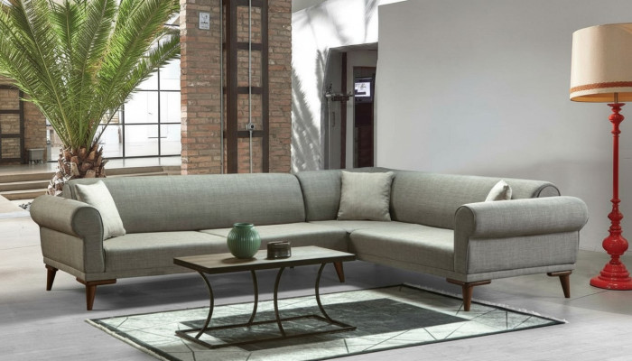 Divano ad angolo a L con imbottitura in stile lussuoso per soggiorno soft, grigio.