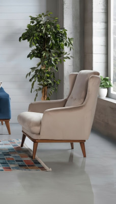 Design poltrona monoposto beige in stile tessuto per soggiorno in legno.