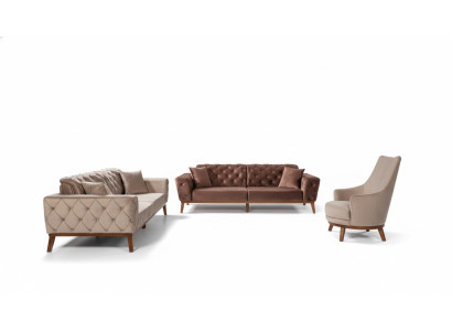 Set da divano Sofa 3+3+1 posti Marrone Poltrona in velluto stile Chesterfield