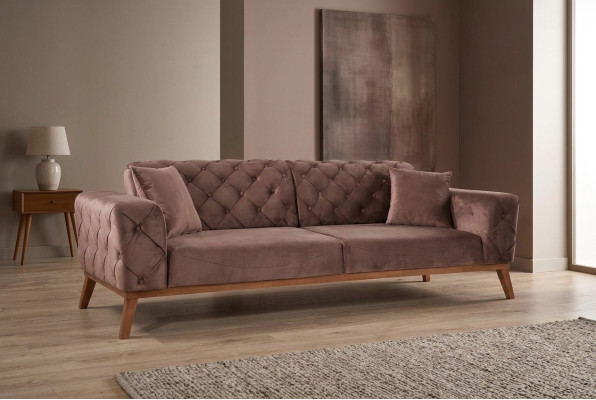 Divano Chesterfield marrone, elegante divano in velluto per il soggiorno.