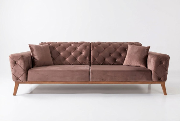 Divano Chesterfield marrone, elegante divano in velluto per il soggiorno.